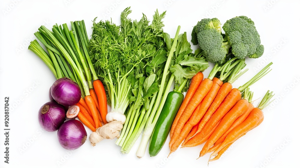 Fresh Vegetables Including Carrots, Broccoli, and Onions Arranged on a White Background for Natural Food Presentation Fresh Vegetables Including Carrots, Broccoli, and Onions Arranged on a White Background for Natural Food Presentation