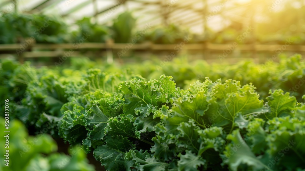 Curl leaf kale with lettuce organic vegetable plantation at greenhouse nursery farm with shading net roof and sunlight background Curl leaf kale with lettuce organic vegetable plantation at greenhouse nursery farm with shading net roof and sunlight background