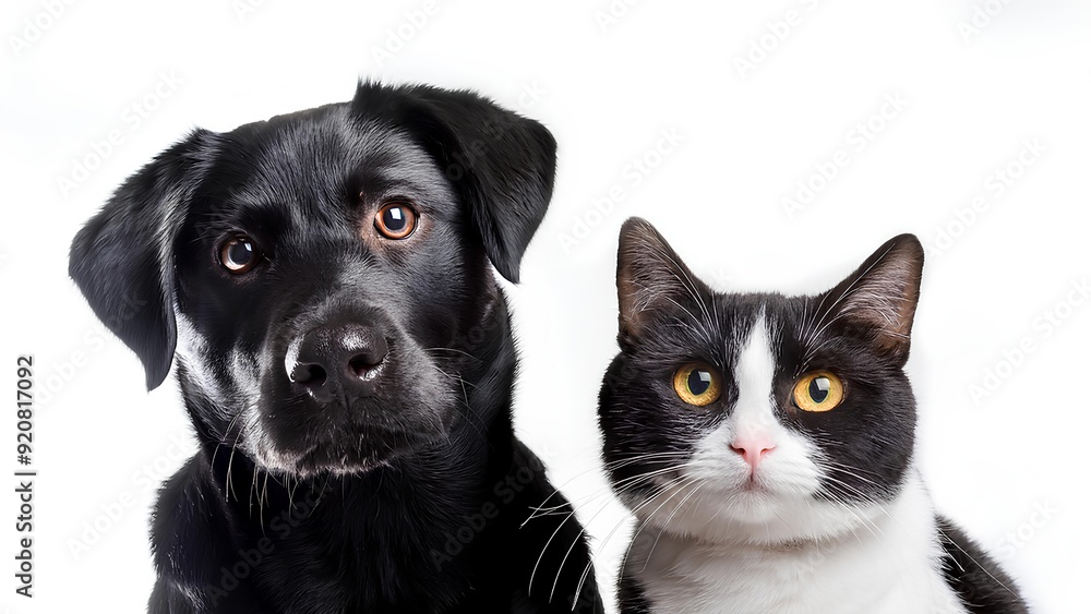 Domestic animals sitting and looking forward. Dog and cat looking at camera on white background. Pedigree animals, kitten with puppy. Domestic animals sitting and looking forward. Dog and cat looking at camera on white background. Pedigree animals, kitten with puppy.