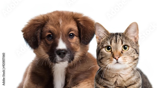 Domestic animals sitting and looking forward. Dog and cat looking at camera on white background. Pedigree animals, kitten with puppy.