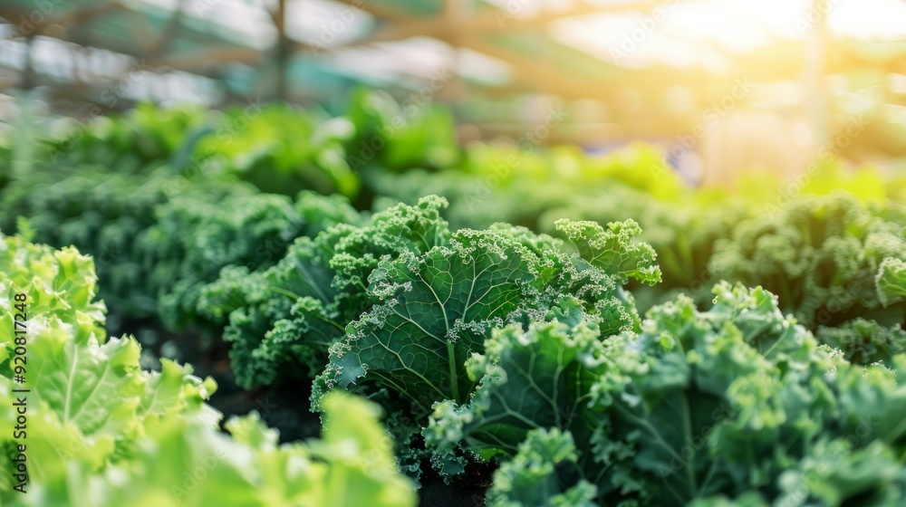 Curl leaf kale with lettuce organic vegetable plantation at greenhouse nursery farm with shading net roof and sunlight background Curl leaf kale with lettuce organic vegetable plantation at greenhouse nursery farm with shading net roof and sunlight background