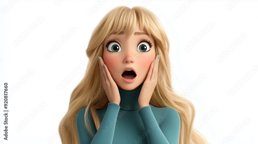 Woman in her 40s with long blonde hair, wearing a teal turtleneck. She has a shocked expression, with wide eyes and an open mouth, hands on her cheeks, capturing the emotion of intense surprise