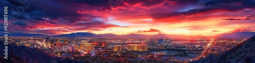 Colorful Sunset Over Las Vegas, NV Cityscape with City Lights and Skyline