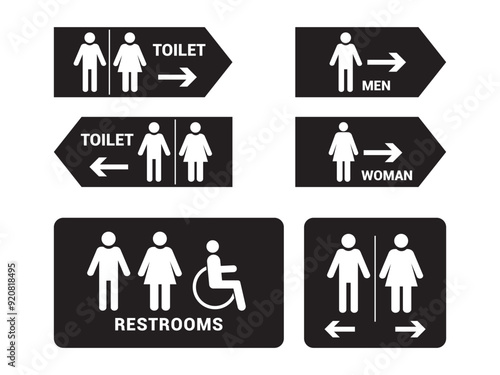 Wc toilet pictogram sign. Woman, man pictogram figure toilet, restroom, washroom wc sign. toilet restroom door sticker right arrow Disabled wheelchair icon. Vector illustration.
