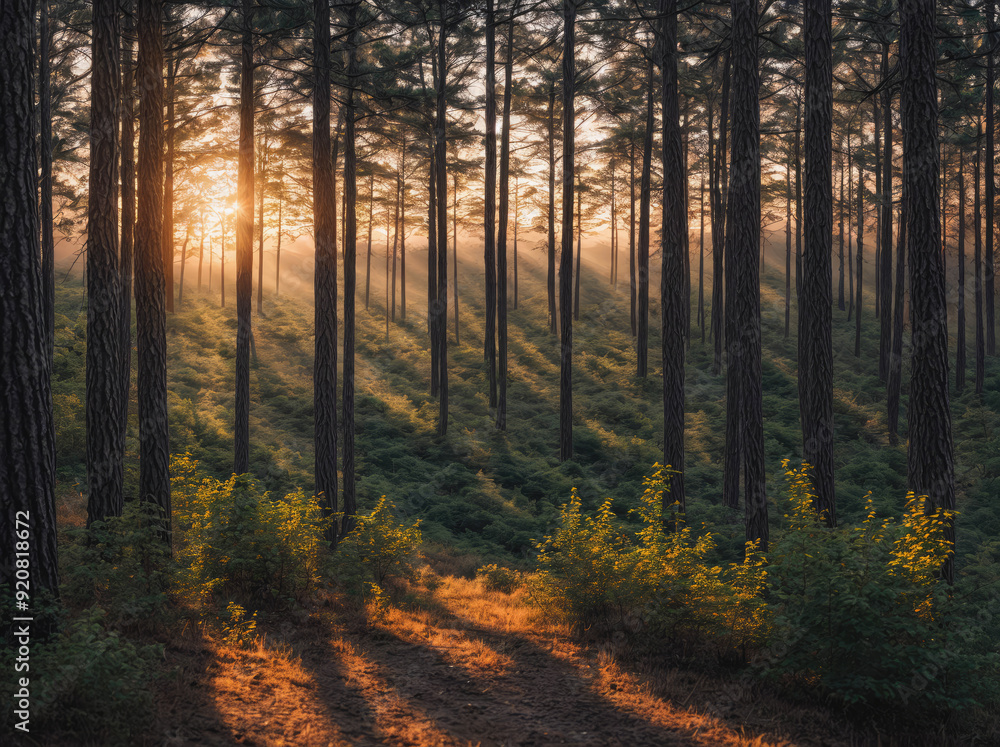 Obraz premium The sun is shining through the trees, casting a warm glow on the forest floor