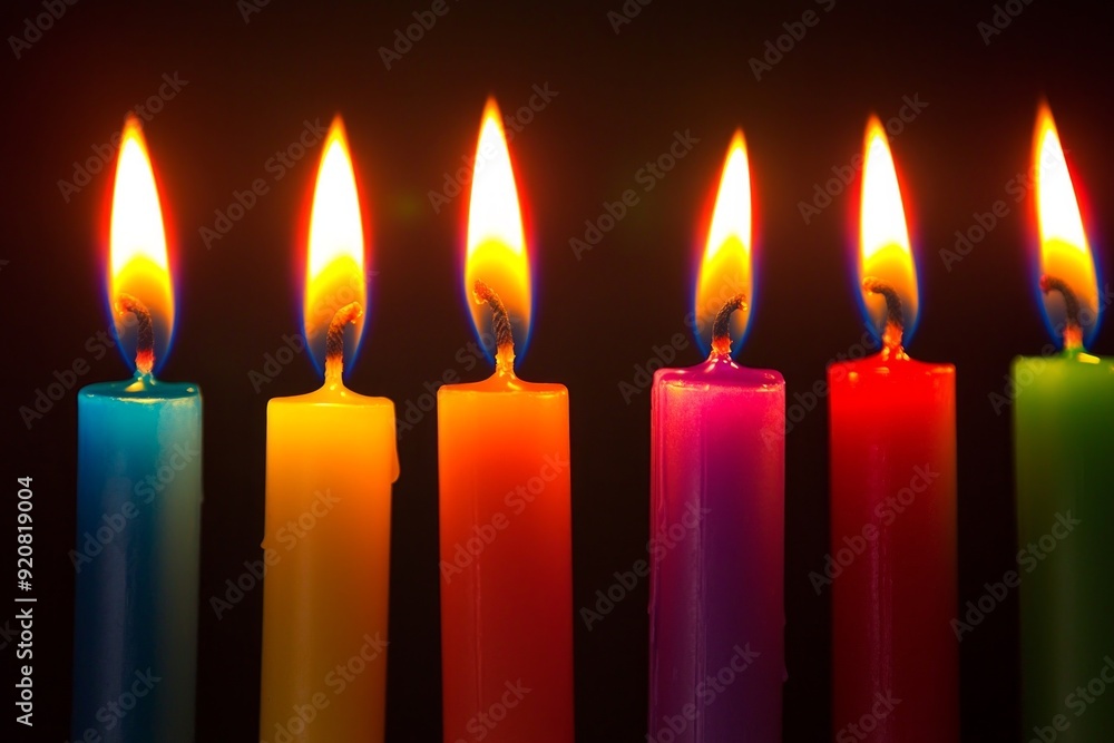 A row of tall, thin candles, each one a different color of the rainbow, burning in a dark room.