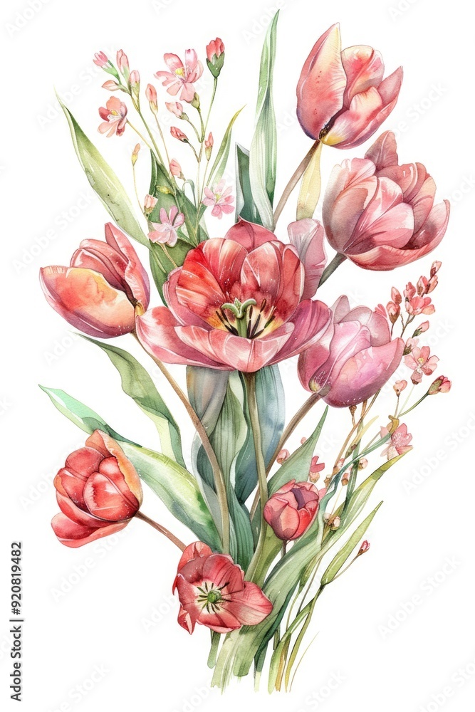 Obraz premium Hand-drawn Watercolor Tulips Bouquet Celebration Card with Spring Blossoms