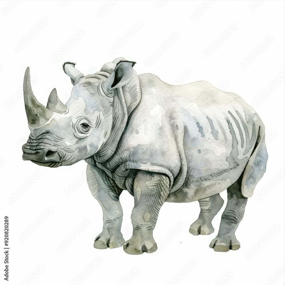 Obraz premium Minimalist Watercolor Painting of a Friendly Rhinoceros Gentle Giant Captured in Soft Brushstrokes