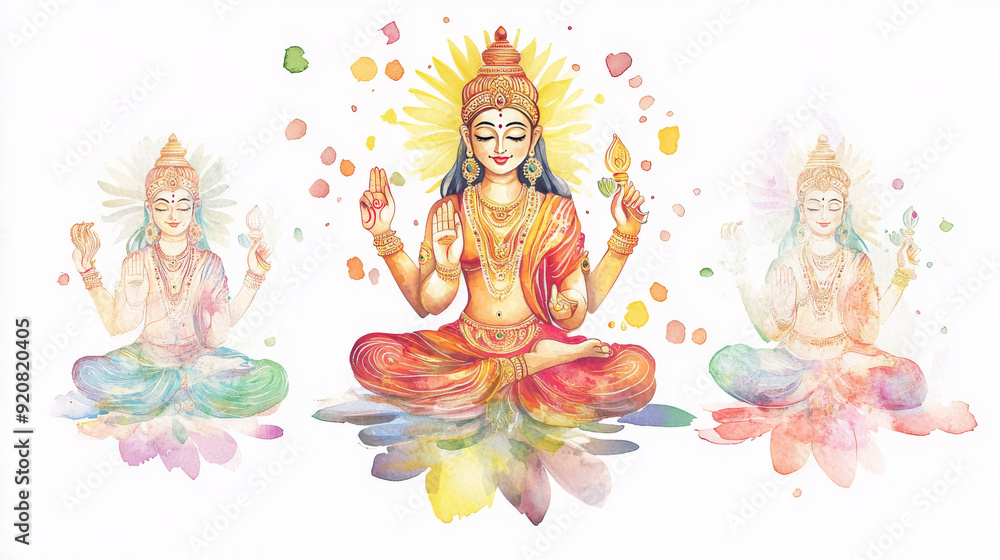 A beautiful watercolor illustration of Goddess Lakshmi seated on lotus flowers, symbolizing prosperity, abundance, and divine grace, perfect for Diwali and spiritual-themed designs.
A beautiful watercolor illustration of Goddess Lakshmi seated on lotus flowers, symbolizing prosperity, abundance, and divine grace, perfect for Diwali and spiritual-themed designs.