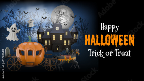 halloween banner with pumpkin shaped carriage and haunted  house