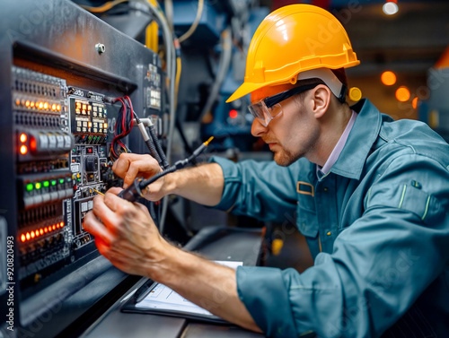 A man in a yellow helmet is working on a machine. He is wearing a blue shirt and a green jacket