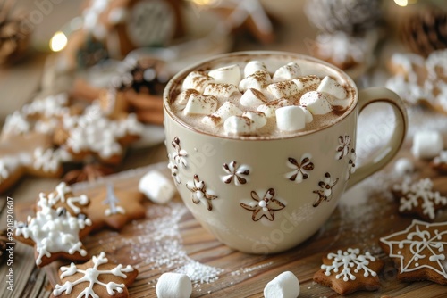 Christmas, snowflakes, gingerbread, marshmallow, celebration, ginger, anise, background, breakfast, brown, chocolate, cinnamon, cocoa, hot drink, comfort, cookie, cup, decoration, delicious, dessert, 