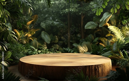 3D Illustration of a Wooden Platform Surrounded by Tropical Plants with Warm Lighting