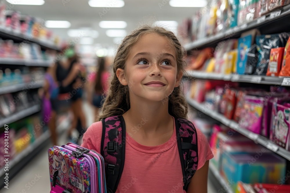 A young girl, looking up and smiling, holds several notebooks while standing in the school supply aisle of a store, with other shoppers in the background. A young girl, looking up and smiling, holds several notebooks while standing in the school supply aisle of a store, with other shoppers in the background.