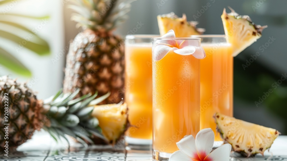 Glasses of fresh pineapple juice with flower on tile table near white wall Glasses of fresh pineapple juice with flower on tile table near white wall