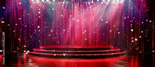 Grand stage with red curtains and confetti under spotlights.