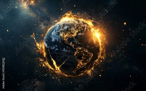 High quality realistic rendering of Earth planet destruction and explosion in 3D. Science fiction visualization in 5K.