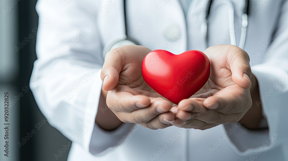 A medical professional holds a vibrant red heart close to their chest, emphasizing care and compassion in a clinical setting with a soft-focus background A medical professional holds a vibrant red heart close to their chest, emphasizing care and compassion in a clinical setting with a soft-focus background