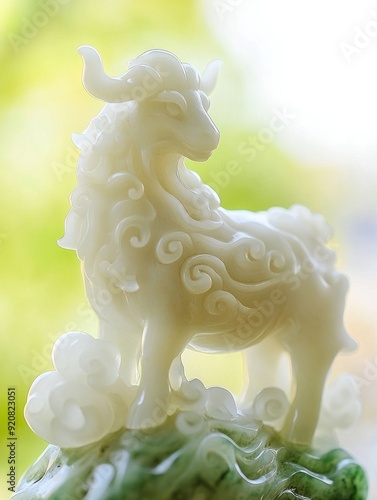 White jade carving of a ram with swirls standing on a green jade base.