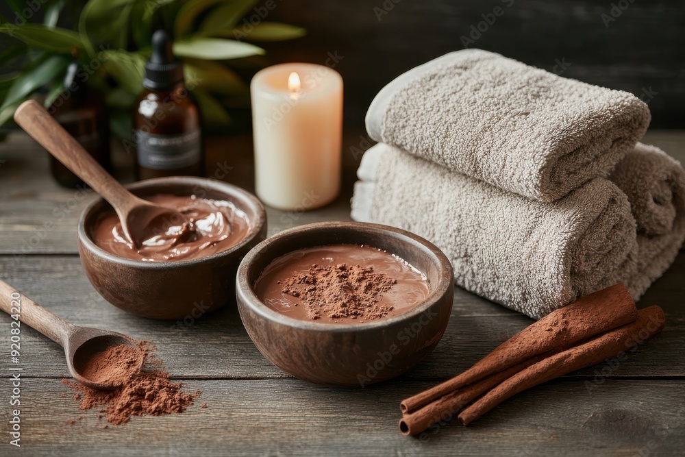 A serene spa table setup featuring chocolate-based skincare treatments, soft towels, cinnamon sticks, essential oils, and lighted candles, creating a peaceful environment. A serene spa table setup featuring chocolate-based skincare treatments, soft towels, cinnamon sticks, essential oils, and lighted candles, creating a peaceful environment.