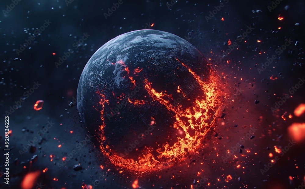 Detailed 3D illustration depicting asteroid's destruction of Earth with fire and explosions. High resolution digital art in 5K. Detailed 3D illustration depicting asteroid's destruction of Earth with fire and explosions. High resolution digital art in 5K.