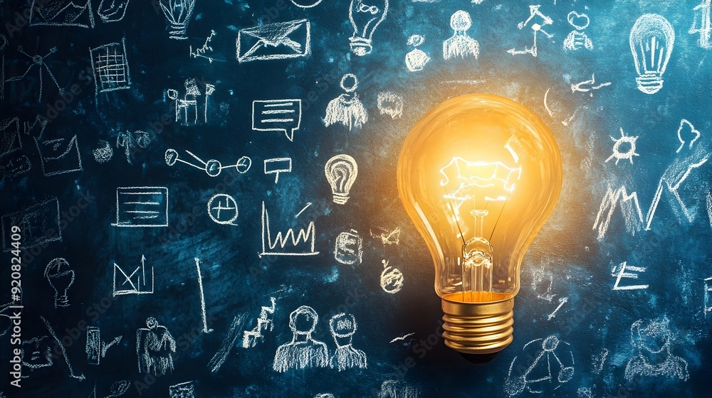 Innovative Brainstorming with Illuminating Ideas on Chalkboard Innovative Brainstorming with Illuminating Ideas on Chalkboard