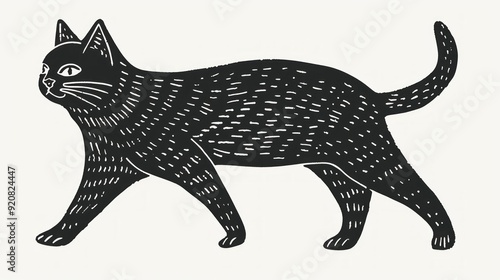 Hand carved block print cat in linocut style, textured silhouette childish vector illustration, isolated on white