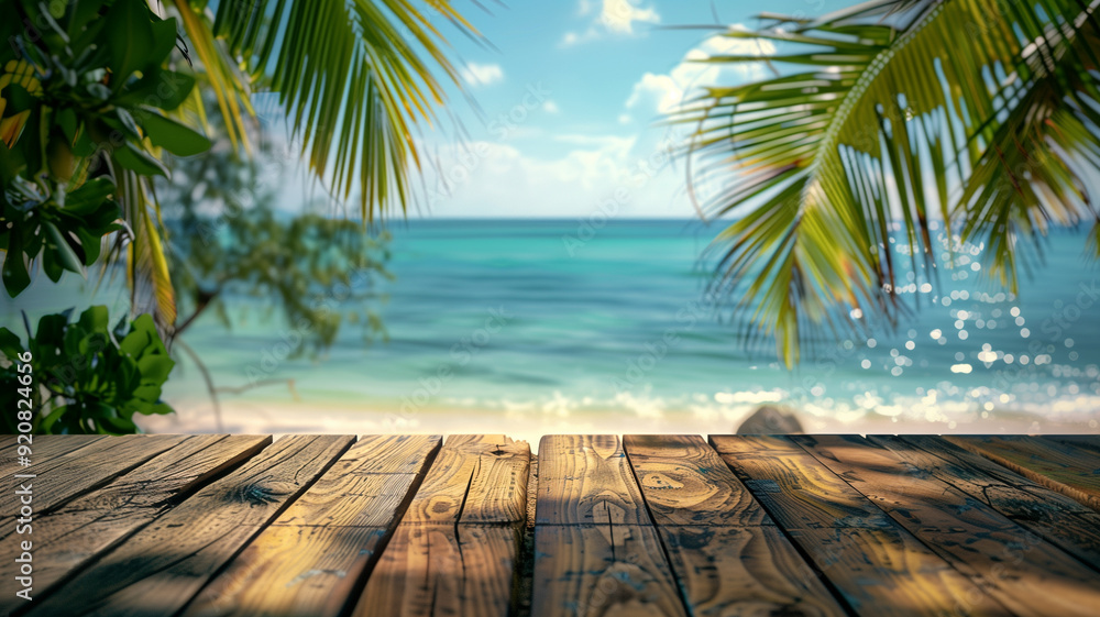 wood table with seascape and palm leaves, blur bokeh light of calm sea and sky at tropical beach background wood table with seascape and palm leaves, blur bokeh light of calm sea and sky at tropical beach background
