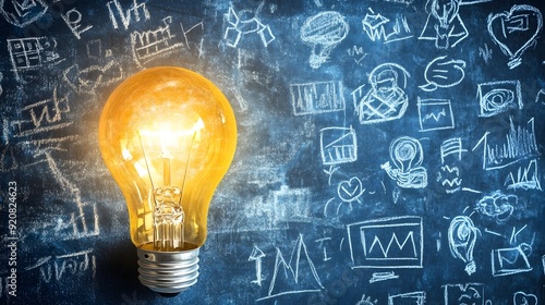 Glowing Light Bulb Representing Creativity and Innovation in Chalkboard Background