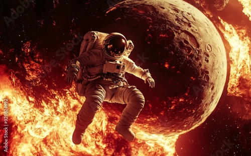 A 3D illustration of an astronaut watching flames destroy planet Earth. Ultra-realistic digital space art in 5K.