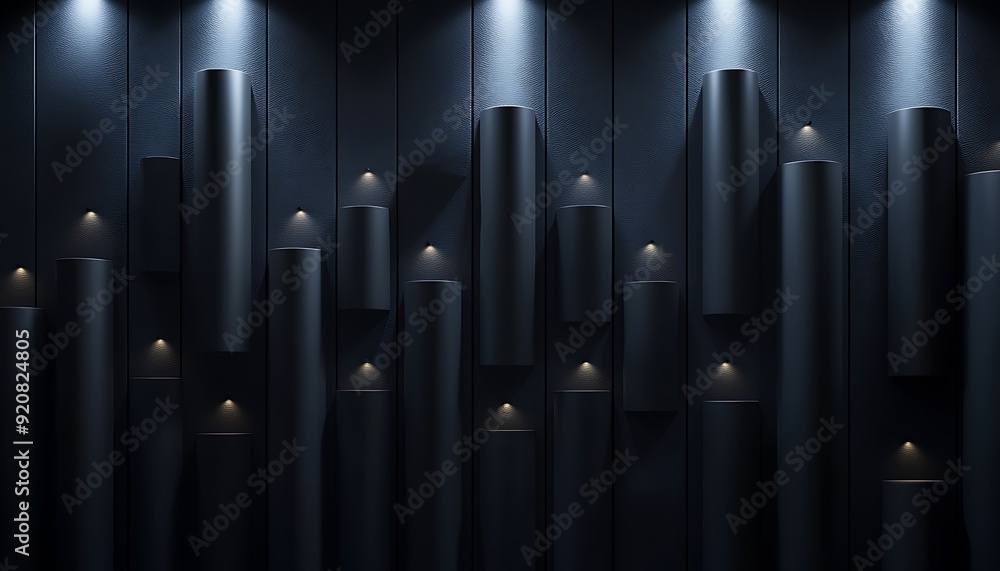 3D Illustration of Matte Black Cylinders in a Grid Pattern with Overhead Spotlights 3D Illustration of Matte Black Cylinders in a Grid Pattern with Overhead Spotlights