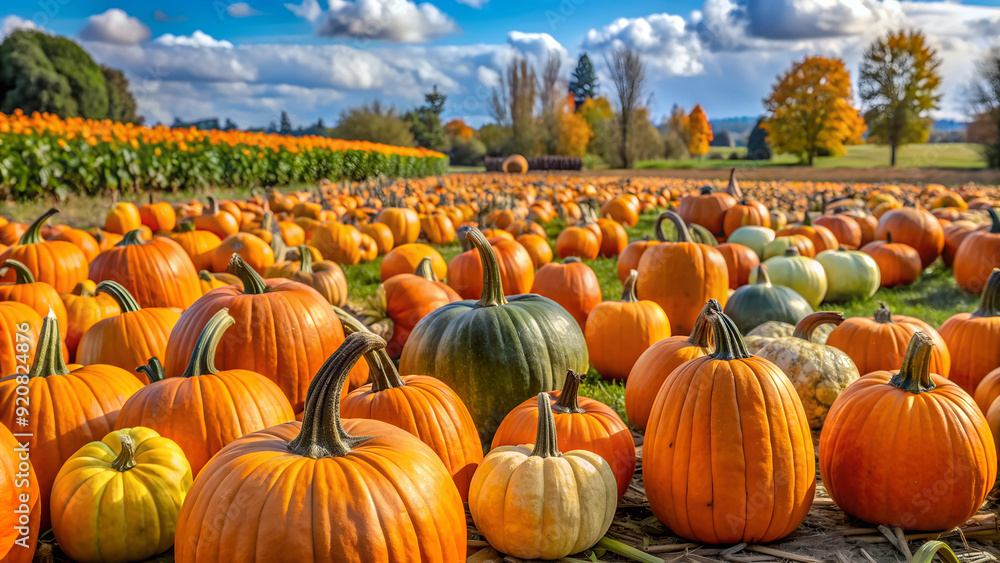 Vast Pumpkin Patch in Countryside on a Sunny Autumn Day Vast Pumpkin Patch in Countryside on a Sunny Autumn Day