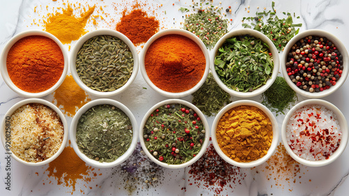 Different seasonings in cups. Spice background on the table