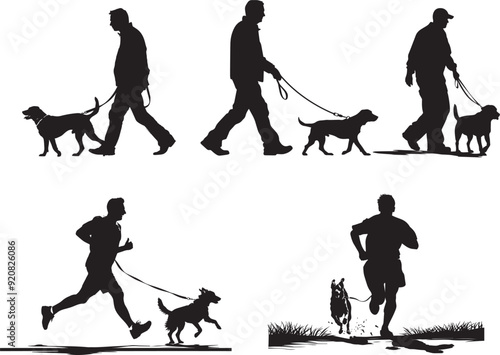 A man running with dog, full body clean simple silhouette