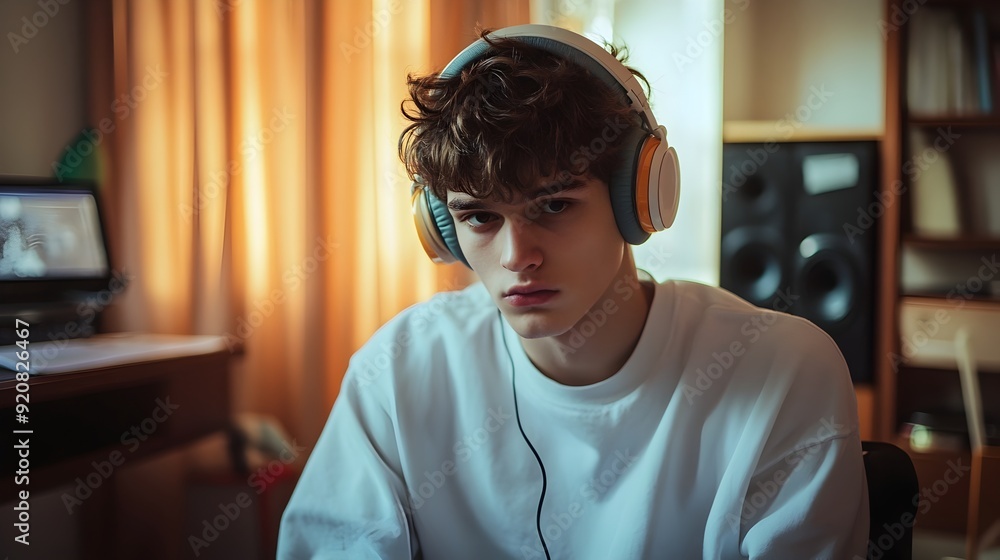 Fototapeta premium Young Man Enjoying Music on Headphones in Cozy Home Studio Environment