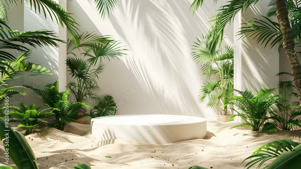 Fototapeta premium Top view of white podium on sandy floor surrounded by plants