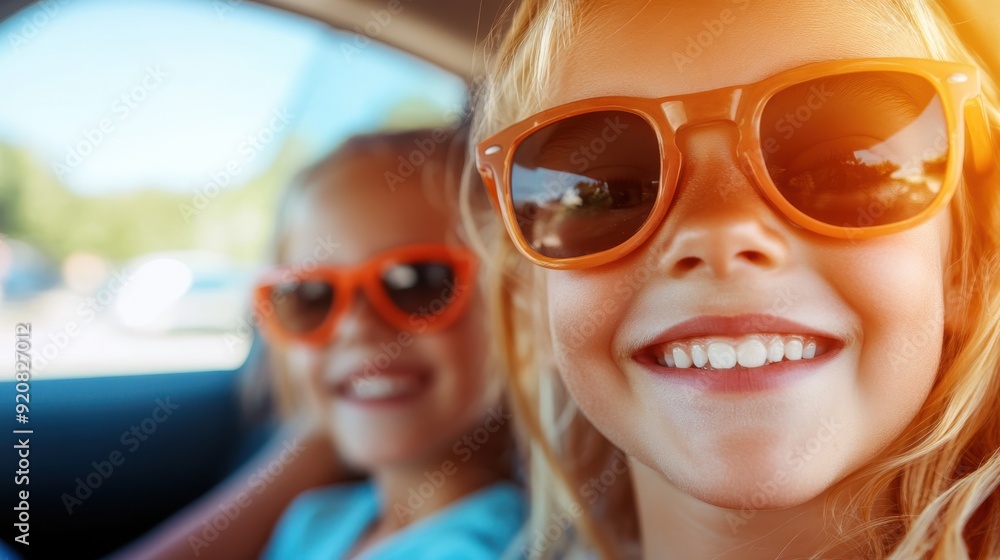 Two cheerful girls, wearing matching orange sunglasses, smiling broadly as they enjoy their time in the car, capturing a fun and carefree moment on a sunny day. Two cheerful girls, wearing matching orange sunglasses, smiling broadly as they enjoy their time in the car, capturing a fun and carefree moment on a sunny day.