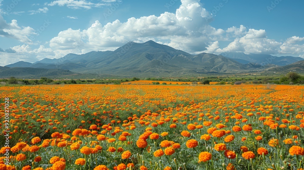 Fototapeta premium Dia de los Muerto, Mexican holiday. A vast field of vibrant marigolds in full bloom, their golden hues illuminating the landscape and symbolizing the path for departed spirits.