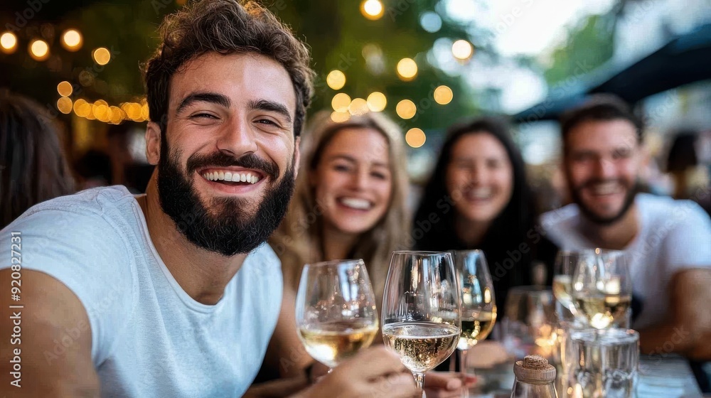 A group of friends sitting together at a well-lit outdoor location, enjoying their drinks, sharing laughs and creating memories during a vibrant evening social gathering. A group of friends sitting together at a well-lit outdoor location, enjoying their drinks, sharing laughs and creating memories during a vibrant evening social gathering.