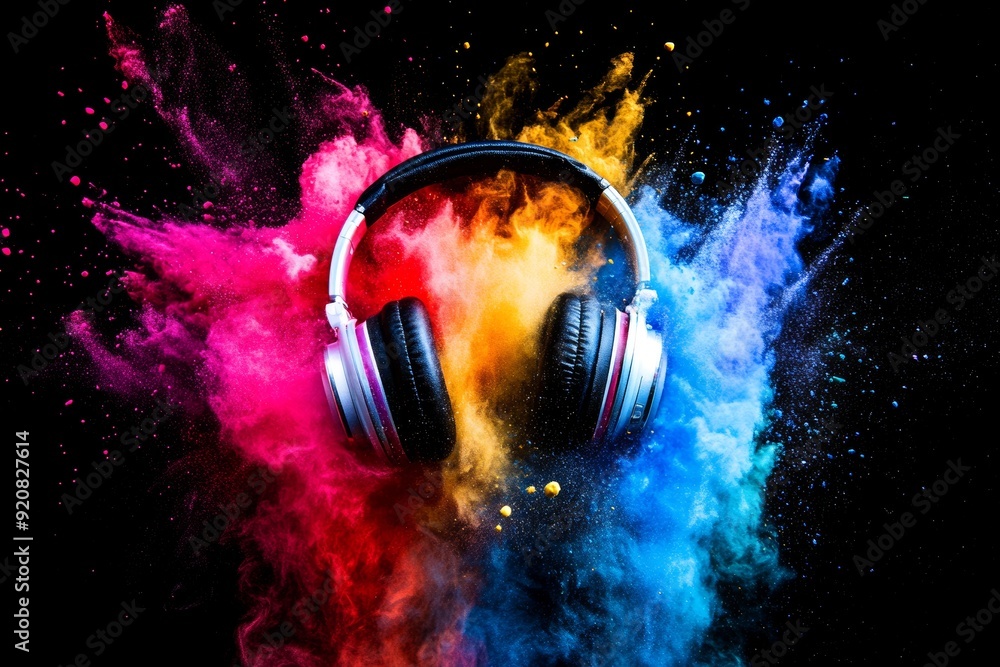 An interactive headphone with vivid color powder. A creative festival concept with generative stock. An interactive headphone with vivid color powder. A creative festival concept with generative stock.
