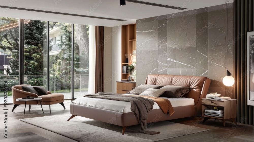 Modern Bedroom With Large Bed And Leather Headboard Modern Bedroom With Large Bed And Leather Headboard
