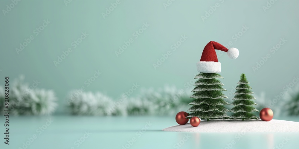 Tiny chrismas tree wear christmas hat ,copy space Tiny chrismas tree wear christmas hat ,copy space