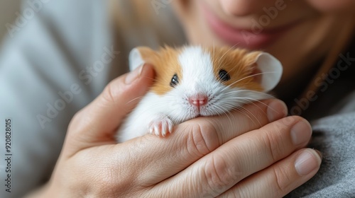 A close-up of a person gently holding a cute small guinea pig in their hands, showcasing a moment of tenderness and care between human and pet. Soft lighting enhances the gentle mood of the image.