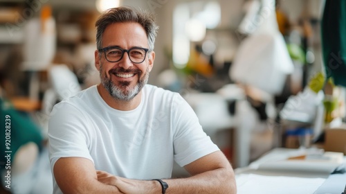 A man in a white shirt beams a smile while seated in a bright, contemporary workspace, embodying professionalism and a welcoming demeanor, with a blurred office background.