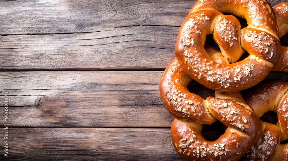 Freshly Baked Pretzels on Rustic Wooden Background with Copy Space Freshly Baked Pretzels on Rustic Wooden Background with Copy Space
