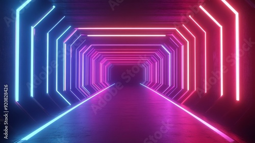 The blurred neon light background is a 3D technology abstract neon light background, a space scene with a spotlight, a dark night with no stars, a cyber futuristic sci-fi background, a street studio