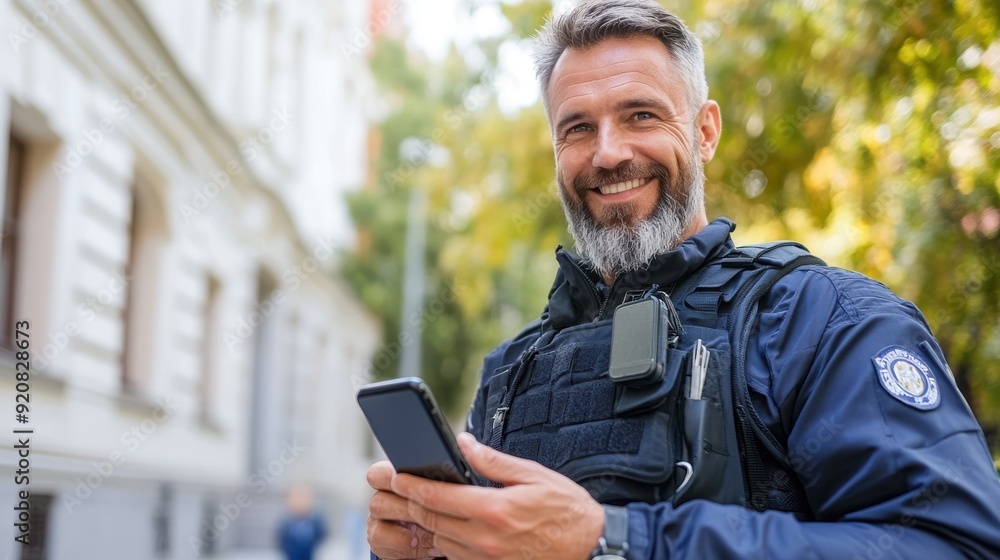 A police officer in a tactical uniform uses his phone in an urban setting. The background has buildings and trees, with a focus on the officer's friendly smile and professionalism. A police officer in a tactical uniform uses his phone in an urban setting. The background has buildings and trees, with a focus on the officer's friendly smile and professionalism.