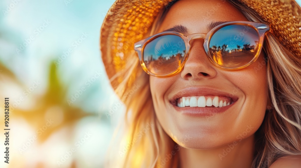 A smiling woman with a straw hat and sunglasses enjoys a sunny day, capturing the essence of pure joy and relaxation against a bright, summery backdrop. A smiling woman with a straw hat and sunglasses enjoys a sunny day, capturing the essence of pure joy and relaxation against a bright, summery backdrop.