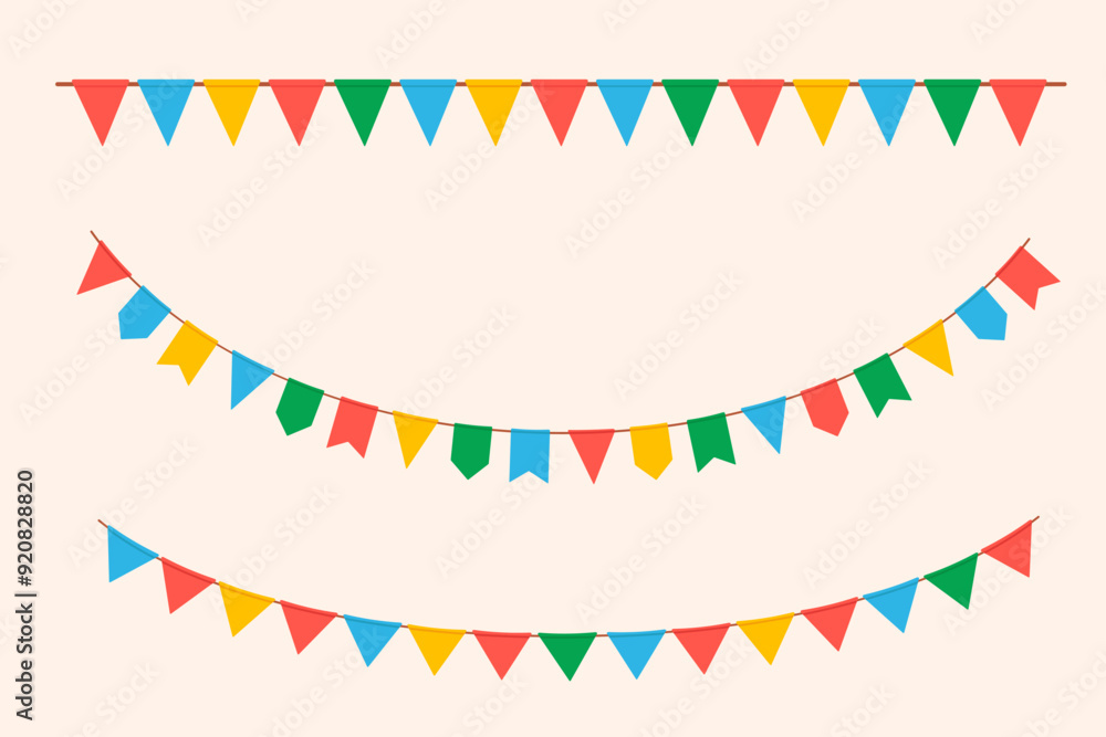 Fototapeta premium Hanging carnival garlands. Color party flags for kids. Vector illustrations set