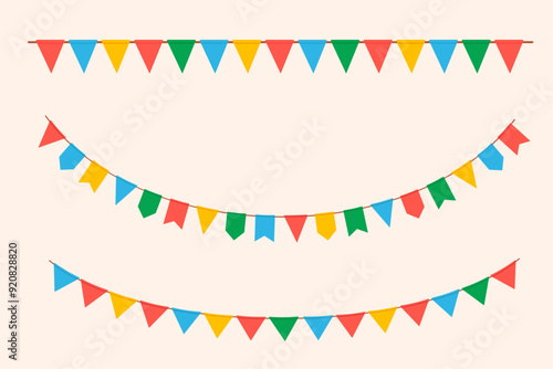 Hanging carnival garlands. Color party flags for kids. Vector illustrations set